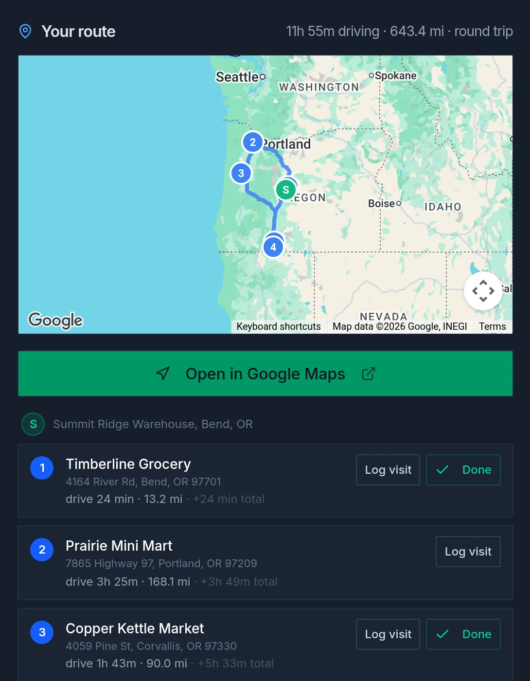 Plan My Day — optimized route on a map with drive times, handed off to Google Maps in one tap