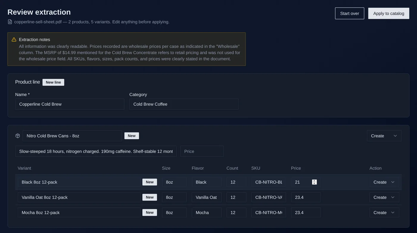 AI sell-sheet extraction review — products, variants, SKUs and wholesale prices pulled from a PDF, ready to apply