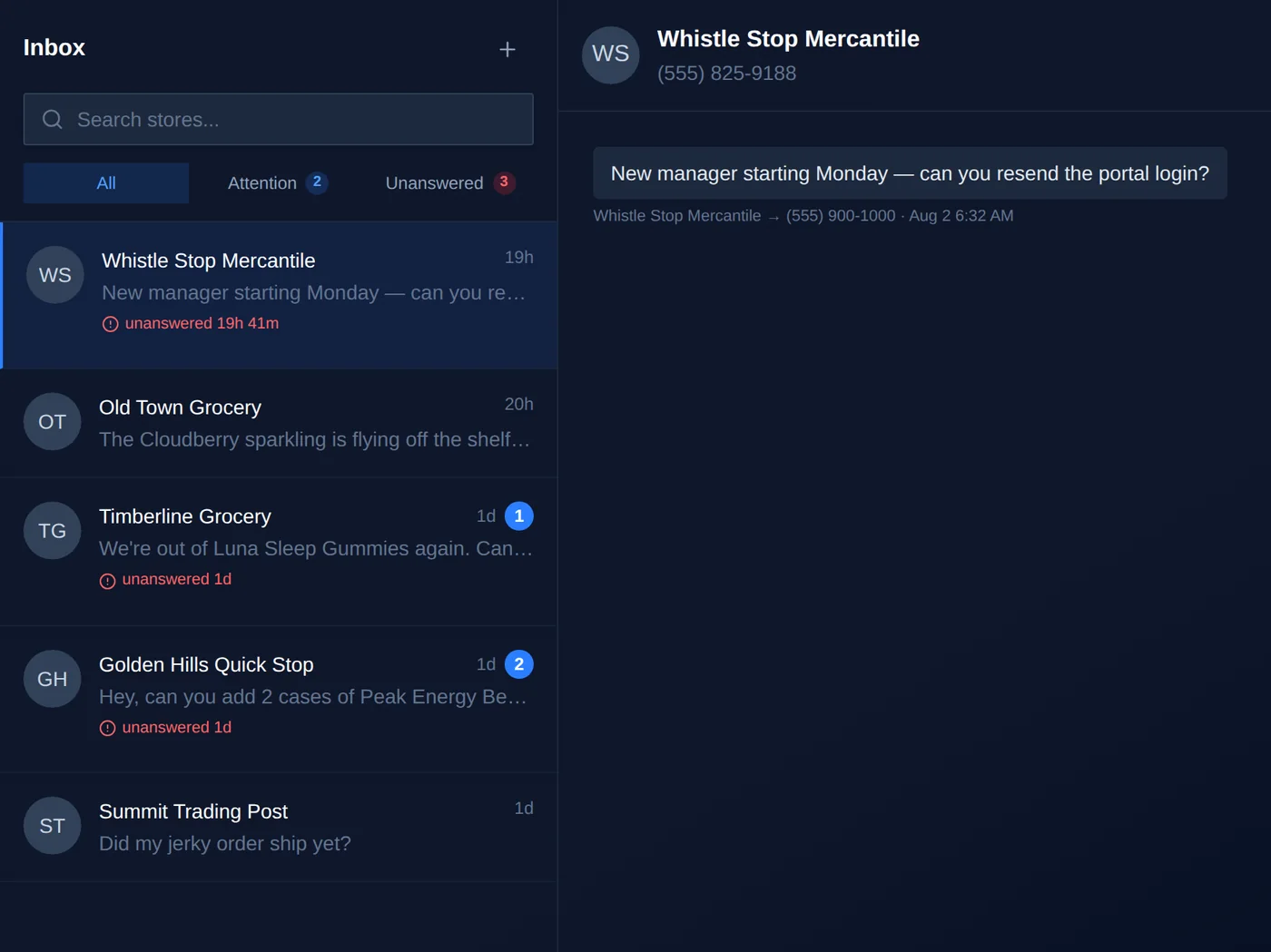 Shared team SMS inbox — every store text visible to the whole team, with unanswered-escalation timers
